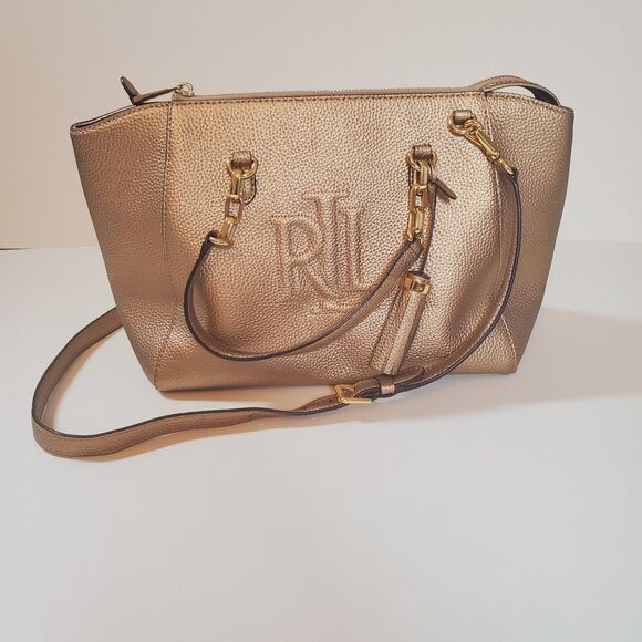 Ralph Lauren Gold Leather Bag Double Handle Medium Satchel Shoulder Strap - Picture 1 of 14